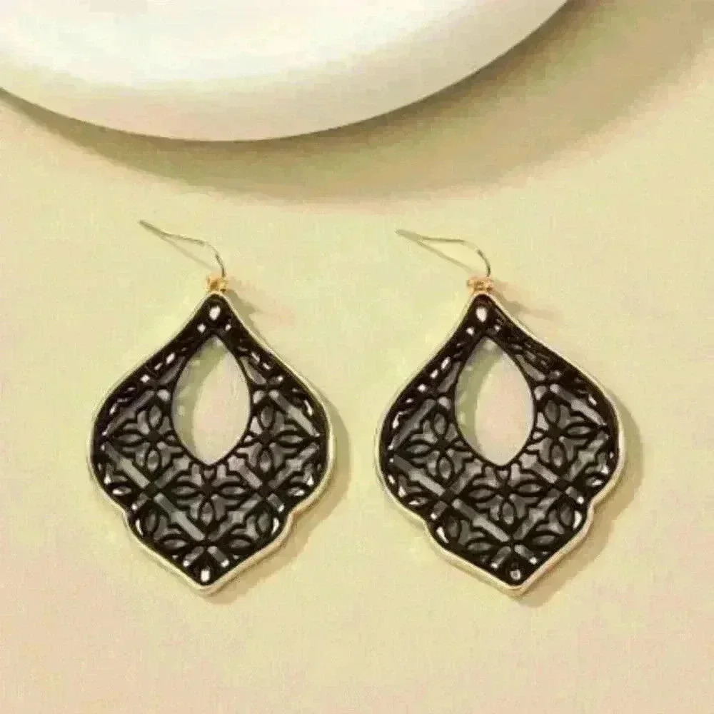 Black Filigree Teardrop Statement Earrings with Gold Edges